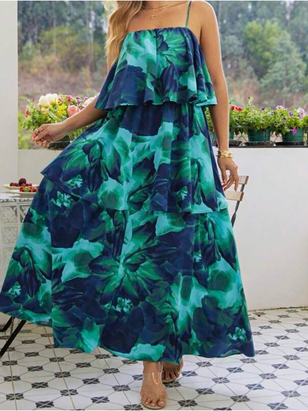 Tiered Floral Maxi Dress in Teal and Navy size 14
